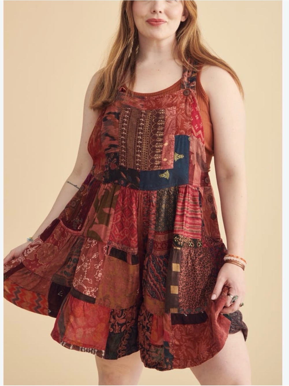 EARTHBOUND Patchwork Boho Romper in Rust and Navy Accents